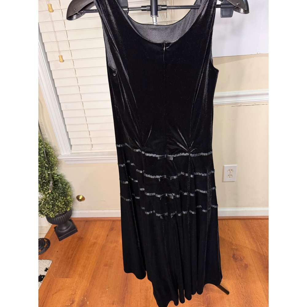 Black Velvet Sleeveless Midi Dress with Bow and Ribbon Detail Tiered Skirt